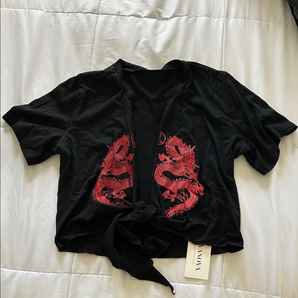 Black Tie-Front Top with Red Dragon Design